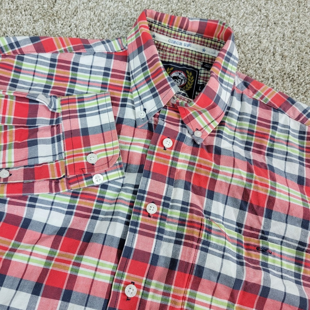 Cinch Mens Large Red Multicolor Plaid Button Down Long Sleeve Western Cowboy